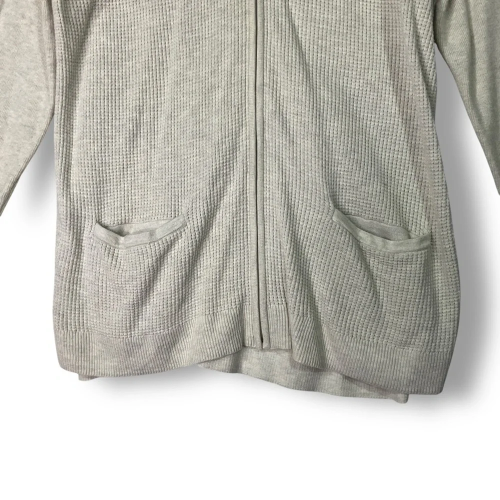Talbots Waffle Knit Hooded Thermal Sweater 1X Full Zip Neutral Long Lightweight - Picture 3 of 11